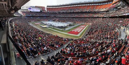 Interior view of the setup and crowd during the 2023 Faceoff on the Lake, played February 18, 2023, at FirstEnergy Stadium in Cleveland, Ohio. The Ohio State Bu