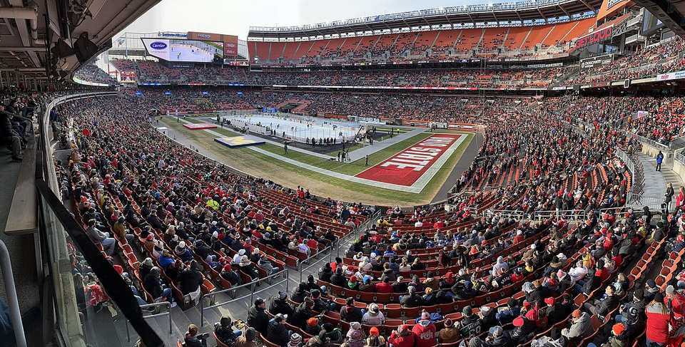Interior view of the setup and crowd during the 2023 Faceoff on the Lake, played February 18, 2023, at FirstEnergy Stadium in Cleveland, Ohio. The Ohio State Bu