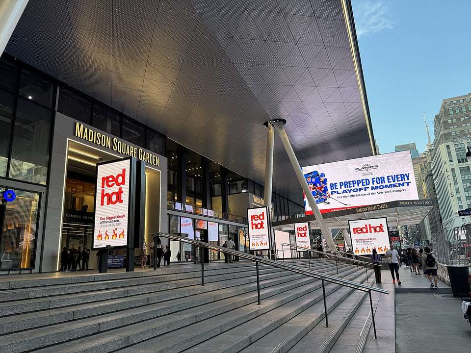 The Seventh Avenue entrance to Madison Square Garden and Pennsylvania Station, New York City. May 2024