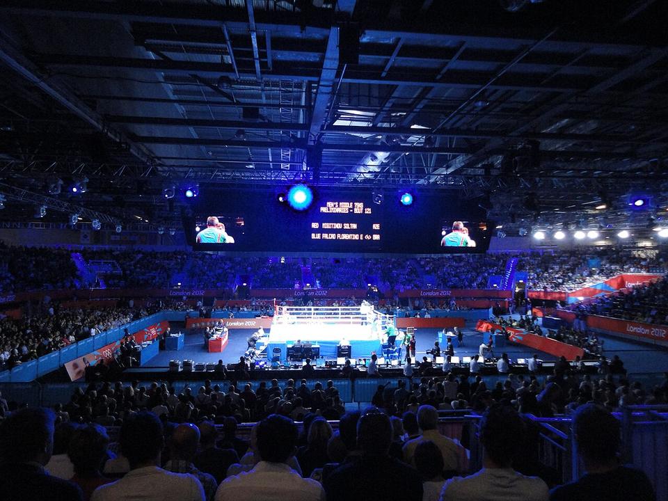 During the fight Soltan Migitinov (AZE, red) vs. Esquiva Falcão Florentino (BRA, blue) at the ExCeL London during the 2012 Summer Olympics