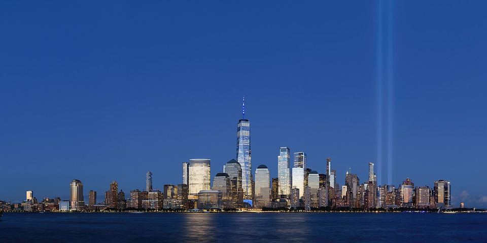 Five-segment panorama of Tribute in Light, Lower Manhattan, New York City, as viewed from Exchange Place, Jersey City, New Jersey