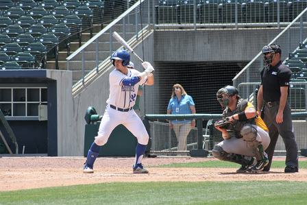 Alex Schroeder plays catcher for the Oklahoma Baptist Bison while Brett McGee bats for the Southern Arkansas University Muleriders in the 2023 Great American Co