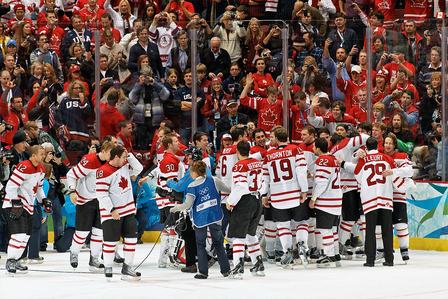 Canada wins GOLD! The whole team takes to the ice to start the celebration, seconds after Sidney Crosby scores the overtime winning goal, while the tens of mill